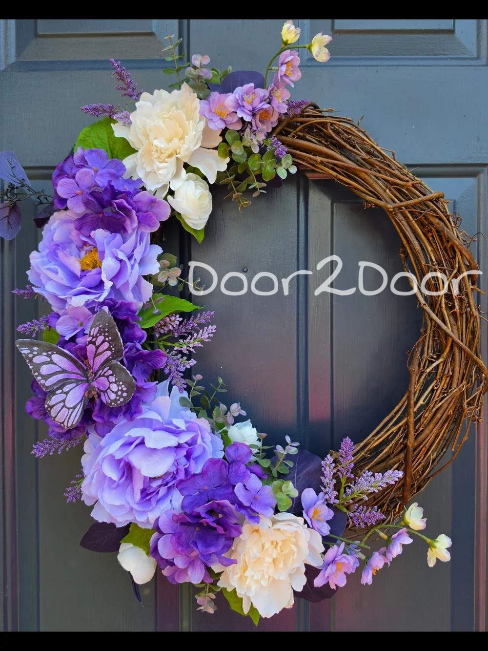 Purple & Cream Floral Grapevine Wreath with Butterfly Accent